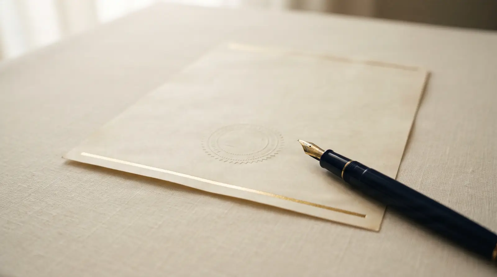 An engraved certificate and a pen on a pale ivory desk